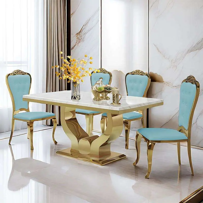 Stainless Steel Dinning Table Set Dining Base Chairs Marble Modern New Luxury 6 Style Living House Packing Room — image 5