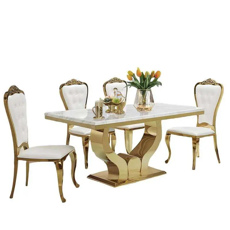 Stainless Steel Dinning Table Set Dining Base Chairs Marble Modern New Luxury 6 Style Living House Packing Room — image 6