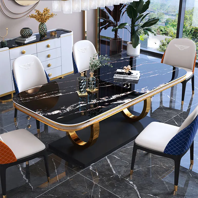 Modern Luxury Hotel Dining Room Furniture Set with 6 Chairs Marble Top Stainless Steel Frame — image 3