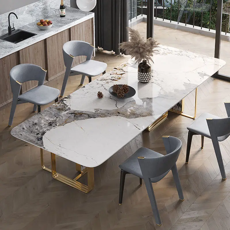 Luxury Slate Marble Top Stainless Steel Frame Modern Dining Table Set for Large Dining Rooms 10-16 Seat Chairs Home Furniture — image 3