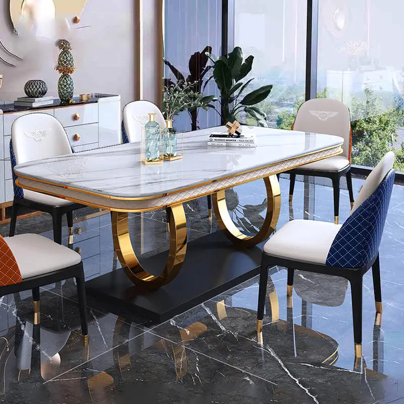 Modern Luxury Hotel Dining Room Furniture Set with 6 Chairs Marble Top Stainless Steel Frame — image 4