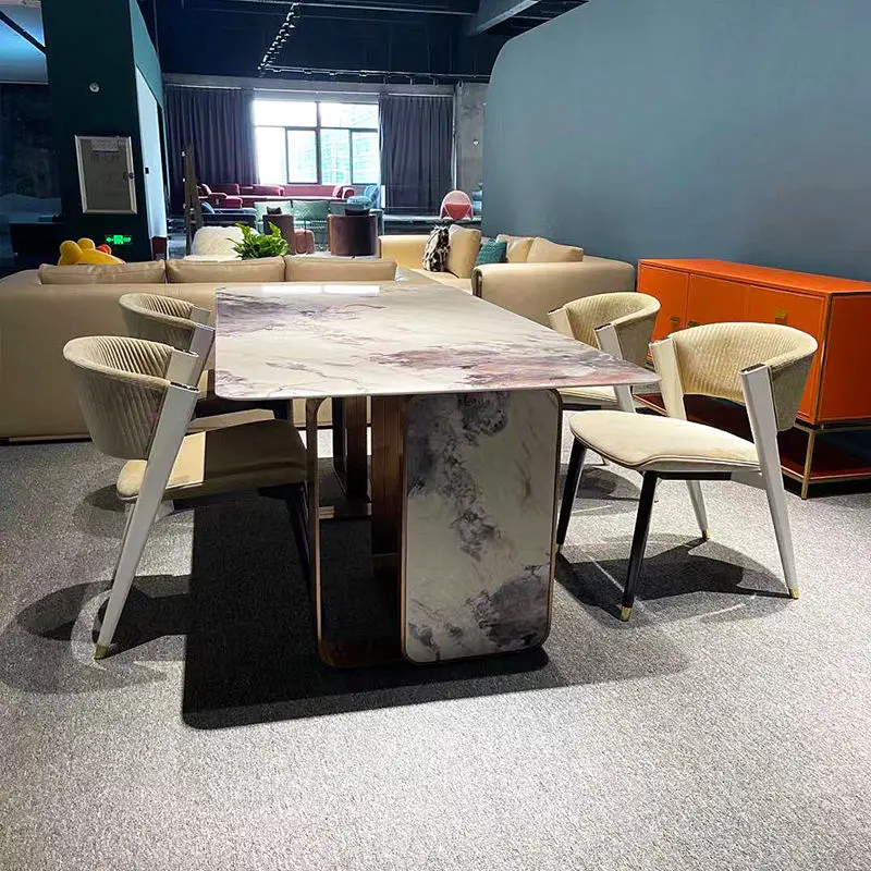Luxury Slate Marble Top Stainless Steel Frame Modern Dining Table Set for Large Dining Rooms 10-16 Seat Chairs Home Furniture — image 4
