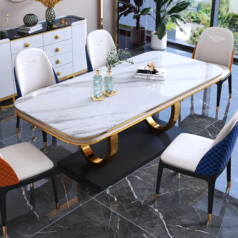 Modern Luxury Hotel Dining Room Furniture Set with 6 Chairs Marble Top Stainless Steel Frame — image 5