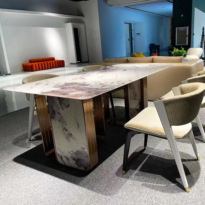 Luxury Slate Marble Top Stainless Steel Frame Modern Dining Table Set for Large Dining Rooms 10-16 Seat Chairs Home Furniture — image 5