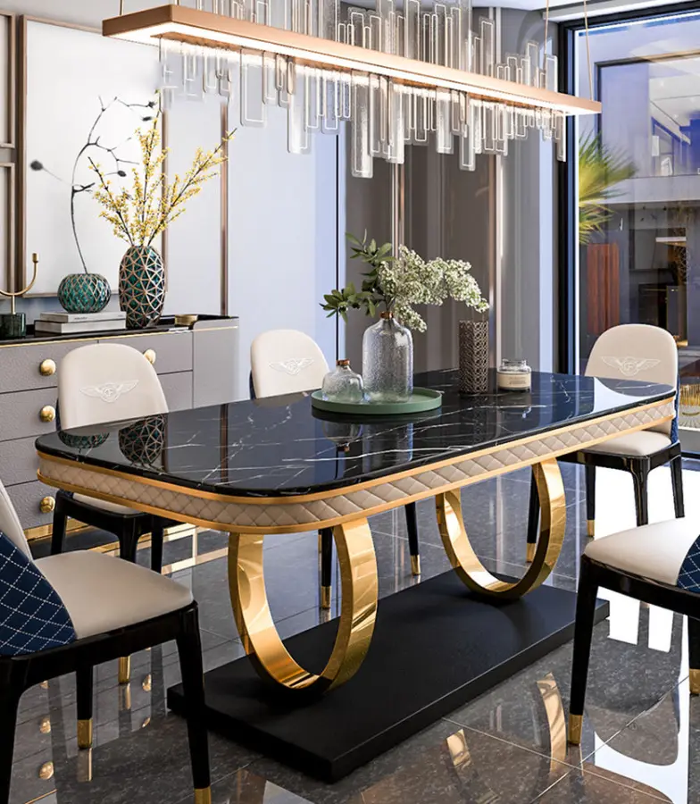 Modern Luxury Hotel Dining Room Furniture Set with 6 Chairs Marble Top Stainless Steel Frame — image 6