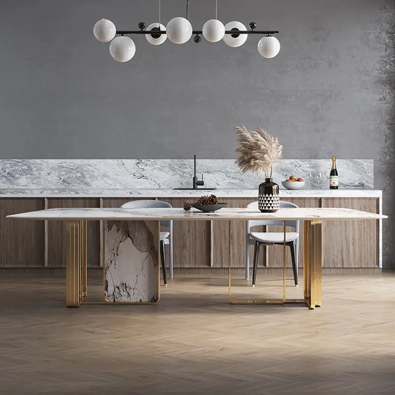 Luxury Slate Marble Top Stainless Steel Frame Modern Dining Table Set for Large Dining Rooms 10-16 Seat Chairs Home Furniture — image 6