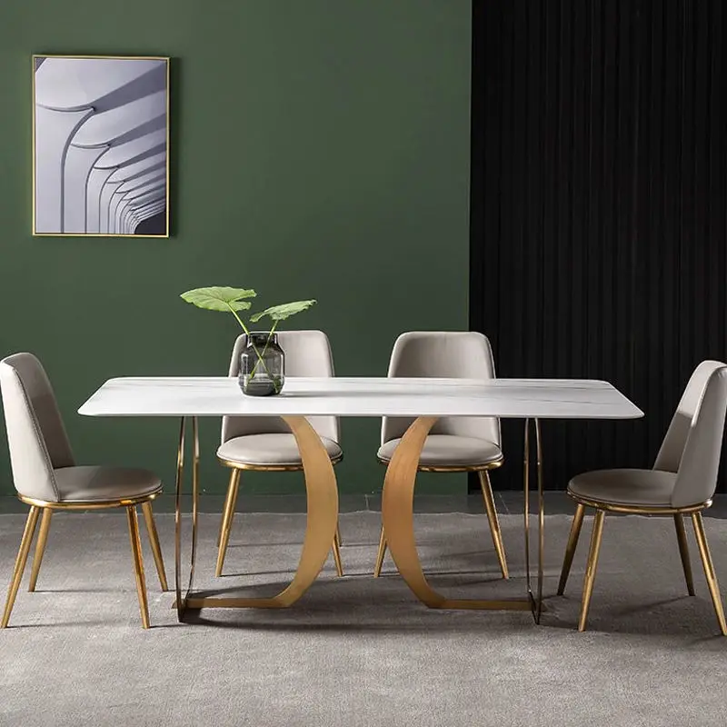 Modern Luxury Dining Room Furniture Set with Marble Top Stainless Steel Legs and Metal Dining Chairs for Hotel Use — view 1