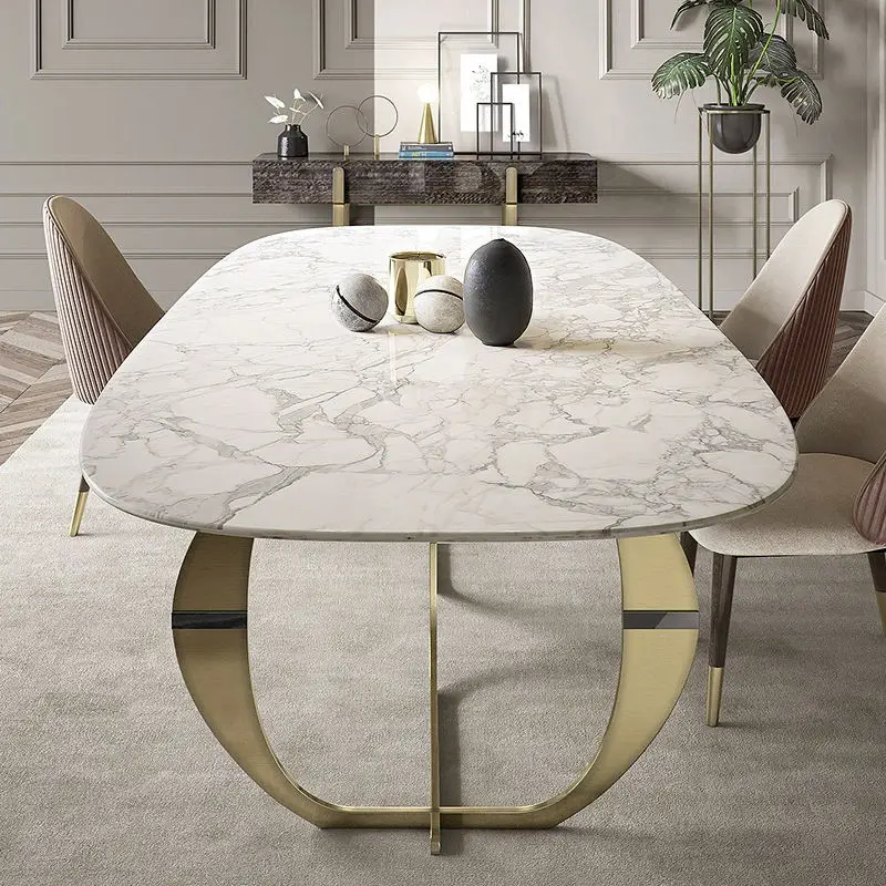 Modern Luxury Dining Room Furniture Set with Marble Top Stainless Steel Legs and Metal Dining Chairs for Hotel Use — image 2