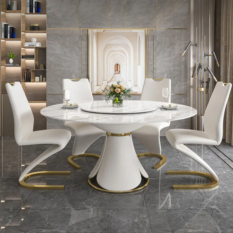 Modern Dining Room Furniture Metal Legs Marble Top Dining Tables Designs Luxury Round Expandable Dining Table Set 6 Chai — view 1