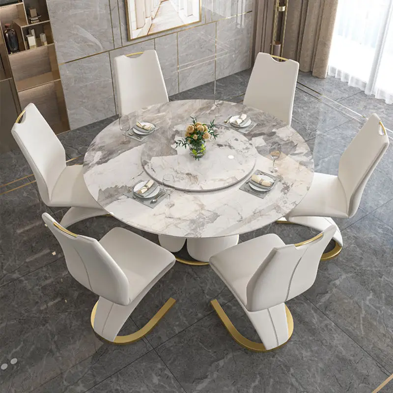 Modern Dining Room Furniture Metal Legs Marble Top Dining Tables Designs Luxury Round Expandable Dining Table Set 6 Chairs — image 3