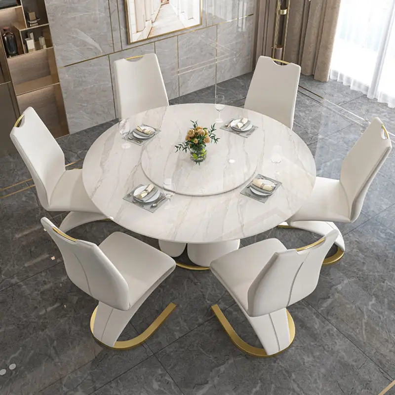 Modern Dining Room Furniture Metal Legs Marble Top Dining Tables Designs Luxury Round Expandable Dining Table Set 6 Chairs — image 4