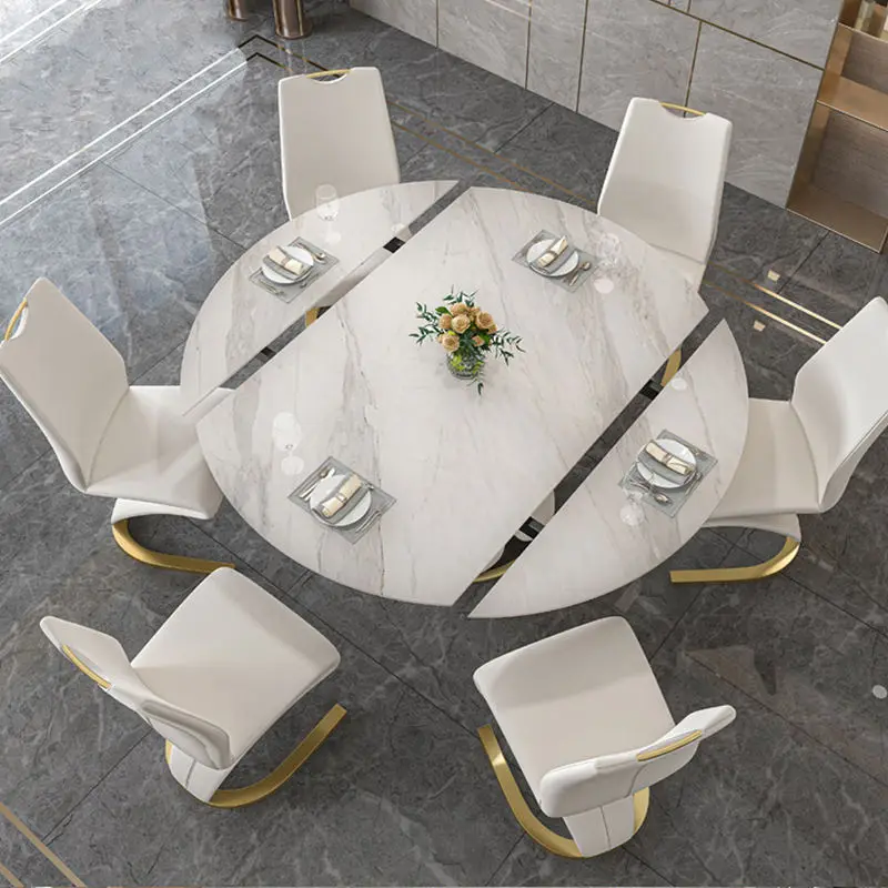 Modern Dining Room Furniture Metal Legs Marble Top Dining Tables Designs Luxury Round Expandable Dining Table Set 6 Chairs — image 5