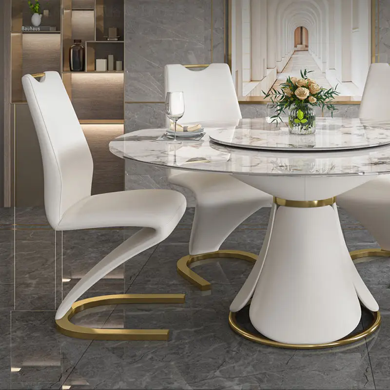 Modern Dining Room Furniture Metal Legs Marble Top Dining Tables Designs Luxury Round Expandable Dining Table Set 6 Chairs — image 6