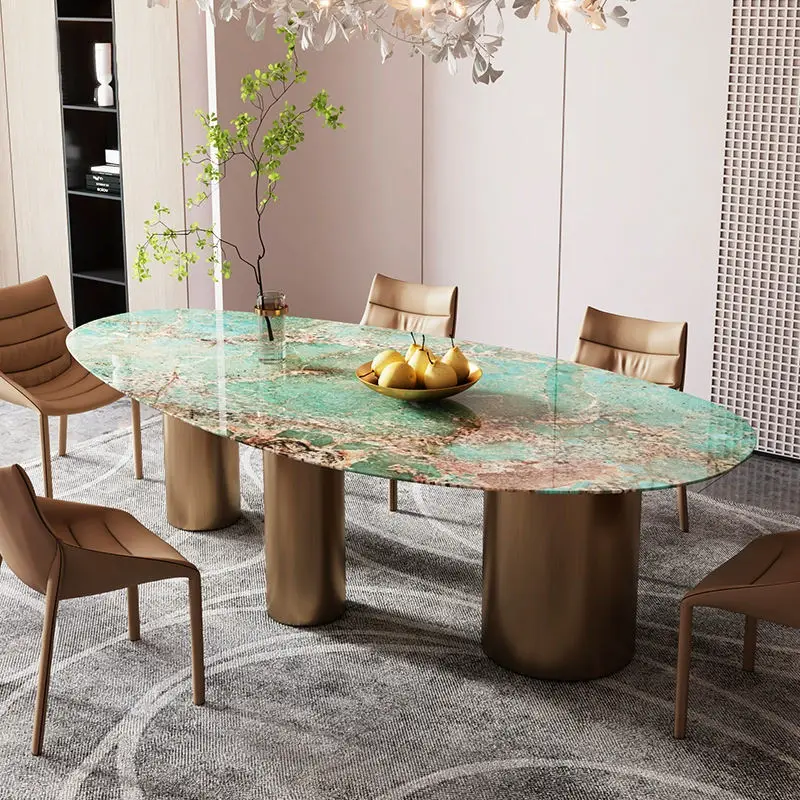 Luxury Stainless Steel & Marble Elliptical Dining Table Set with Chairs Modern Design Hotel Use Customizable Size — view 1