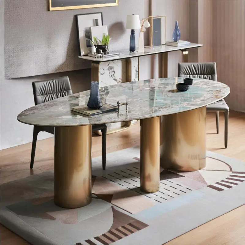 Luxury Stainless Steel & Marble Elliptical Dining Table Set with Chairs Modern Design Hotel Use Customizable Size — image 2