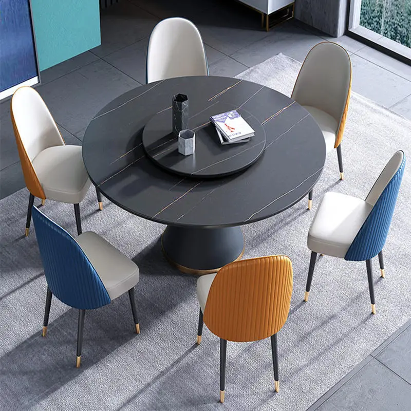Hot Modern Marble Stainless Steel Round Dining Table 6 Chairs Dining Tables and Chairs Set — image 4