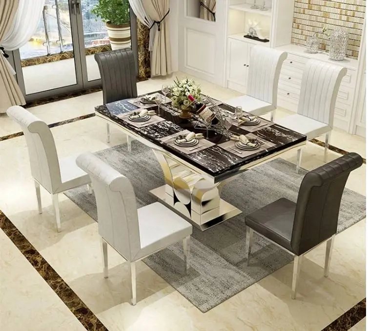 Modern Stainless Steel Base Marble Top Dining Table Chair Set — view 1
