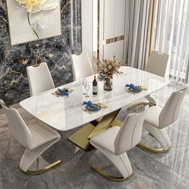 Italian Dining Room Furniture Stainless Steel Slate Modern Dining Table Set for 4 Luxury Marble Dining Table Sets 6 Chai — view 1