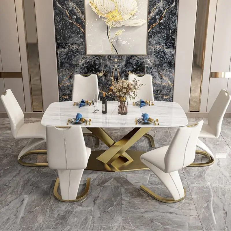 Italian Dining Room Furniture Stainless Steel Slate Modern Dining Table Set for 4 Luxury Marble Dining Table Sets 6 Chairs — image 2
