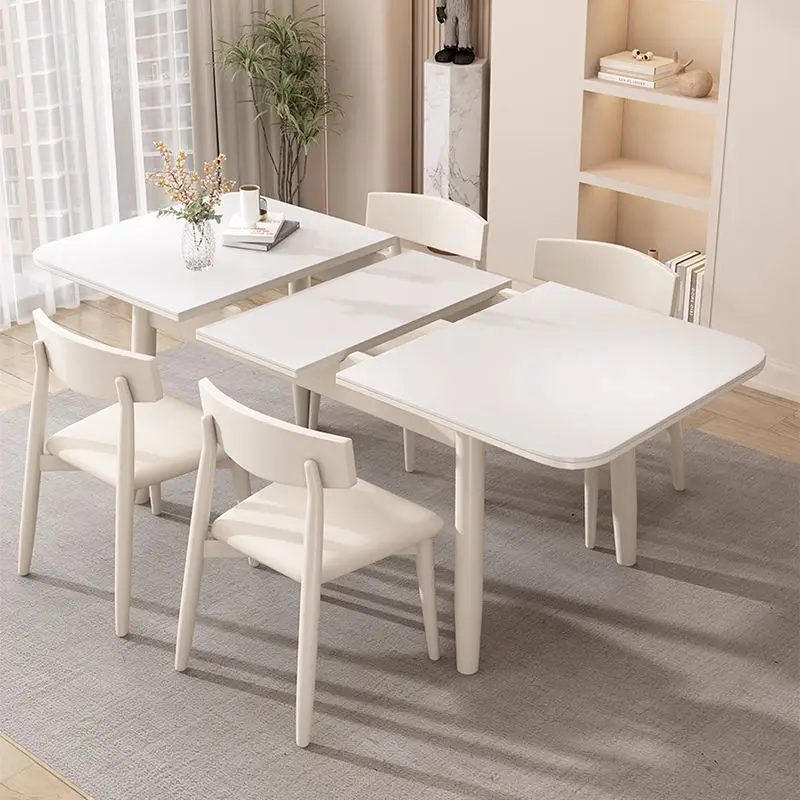 Dining Room Table Chairs Set Retractable Wood Frame Tempered Glass Modern Extendable Dining Table 4 Chair Set — view 1