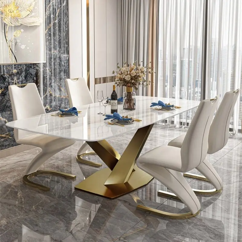 Italian Dining Room Furniture Stainless Steel Slate Modern Dining Table Set for 4 Luxury Marble Dining Table Sets 6 Chairs — image 3