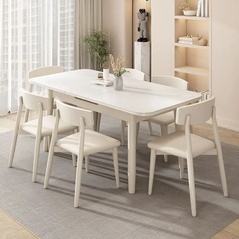 Dining Room Table Chairs Set Retractable Wood Frame Tempered Glass Modern Extendable Dining Table 4 Chair Set — image 2