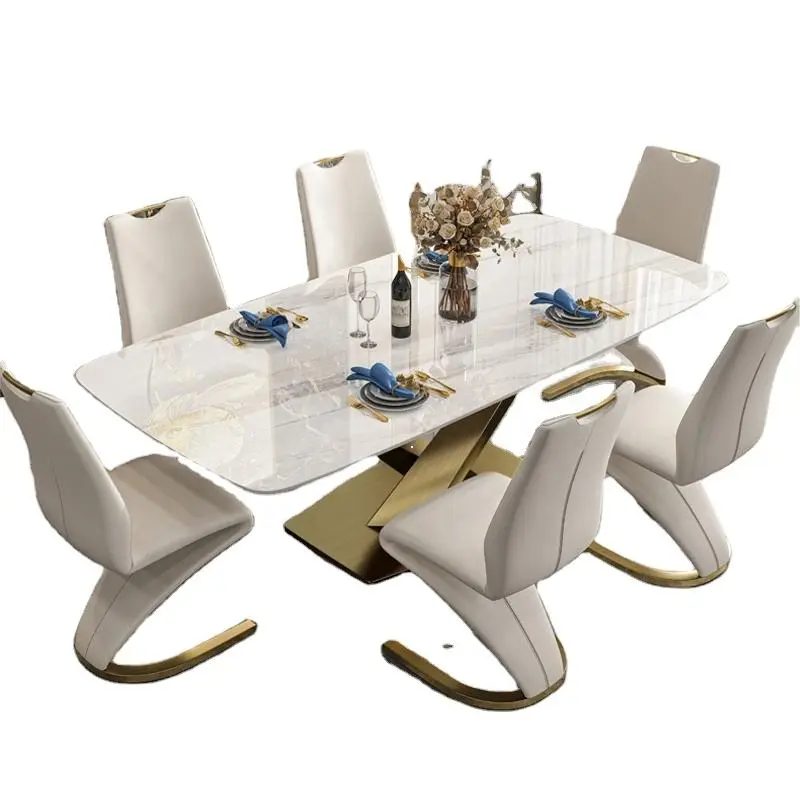 Italian Dining Room Furniture Stainless Steel Slate Modern Dining Table Set for 4 Luxury Marble Dining Table Sets 6 Chairs — image 5