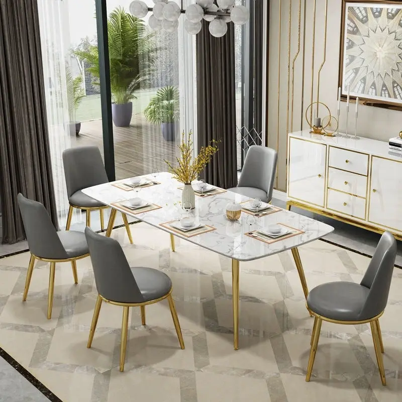 Luxury Metal Dining Room Table and Chairs Set Furniture Upscale Marble Dining Table Set 6 Chairs — view 1