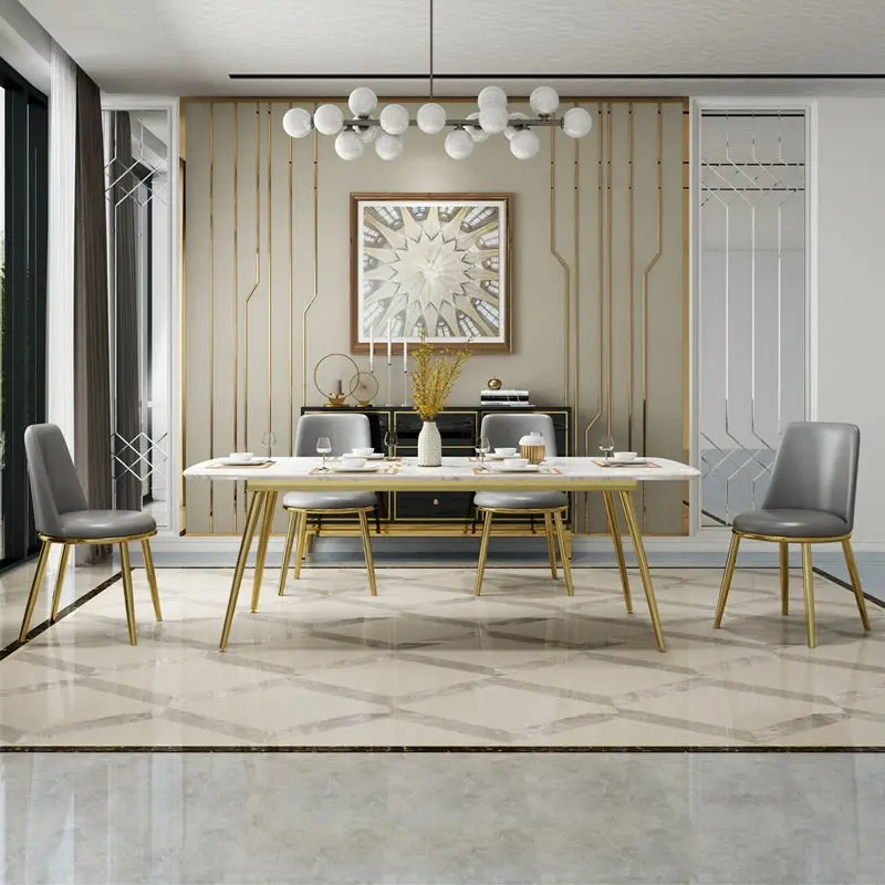 Luxury Metal Dining Room Table and Chairs Set Furniture Upscale Marble Dining Table Set 6 Chairs — image 2