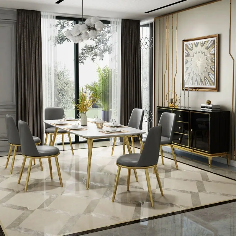 Luxury Metal Dining Room Table and Chairs Set Furniture Upscale Marble Dining Table Set 6 Chairs — image 3