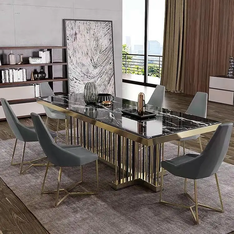 Modern Luxury Rectangular Marble Top Dining Table Set 4 Seater 6 8 Dining Room Furniture Stainless Steel Frame Dining Ta — view 1