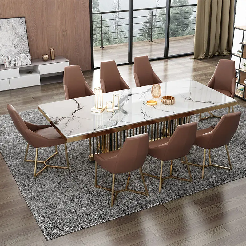 Modern Luxury Rectangular Marble Top Dining Table Set 4 Seater 6 8 Dining Room Furniture Stainless Steel Frame Dining Table Set — image 2