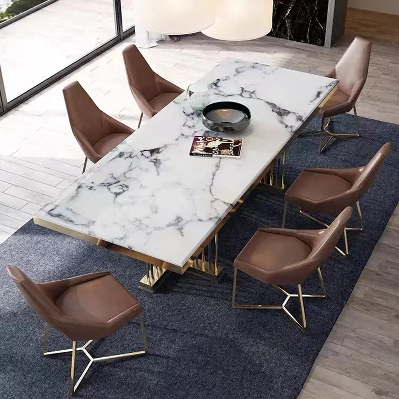 Modern Luxury Rectangular Marble Top Dining Table Set 4 Seater 6 8 Dining Room Furniture Stainless Steel Frame Dining Table Set — image 3