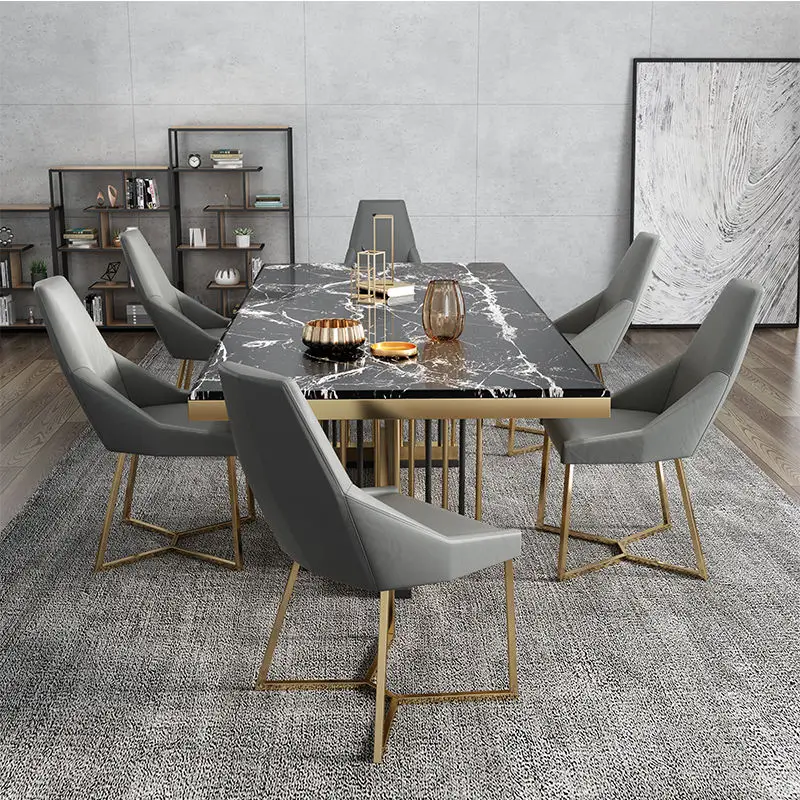 Modern Luxury Rectangular Marble Top Dining Table Set 4 Seater 6 8 Dining Room Furniture Stainless Steel Frame Dining Table Set — image 4