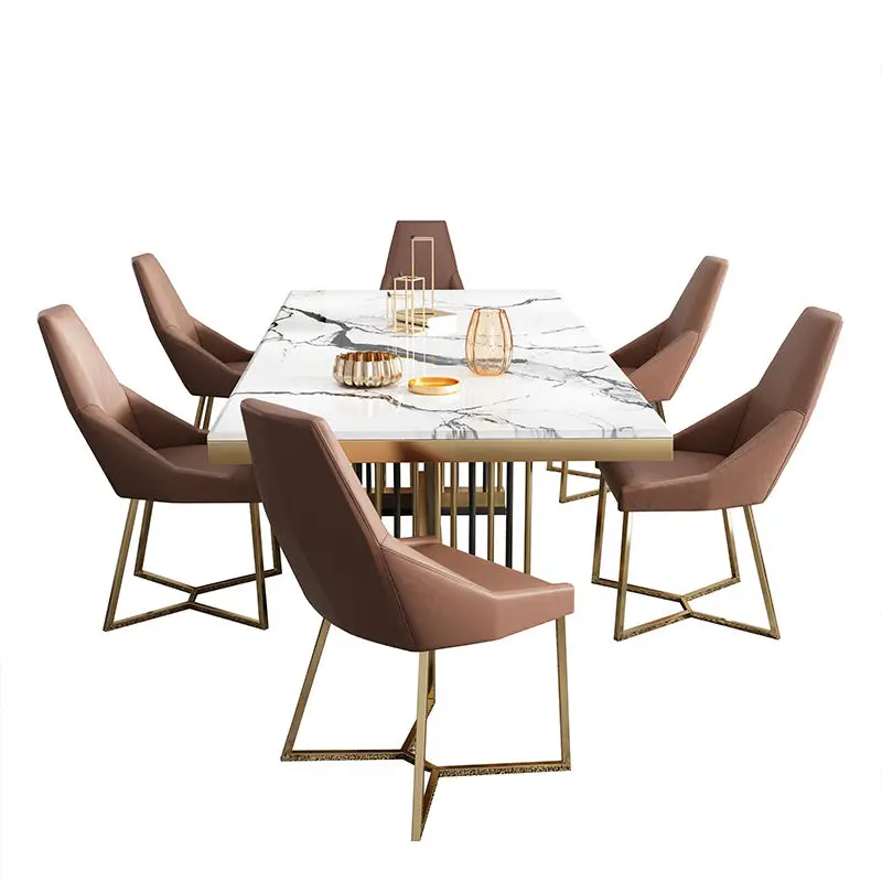 Modern Luxury Rectangular Marble Top Dining Table Set 4 Seater 6 8 Dining Room Furniture Stainless Steel Frame Dining Table Set — image 5