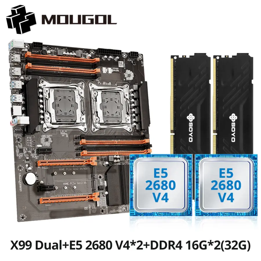 MOUGOl X99 Dual CPU Gaming Motherboard Set lntel Xeon E5 2680 V4&DDR4 32GB (2*16GB) LGA2011-3 M.2 NVME for Server Comput — view 1