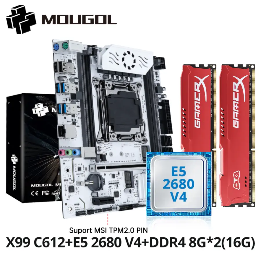MOUGOL X99 Motherboard Kit C612 Chip with E5 2680 V4 CPU & DDR4 16G (2*8G) 2133MHz Memory NVME PCIE3.0 SATA3.0 for Deskt — view 1