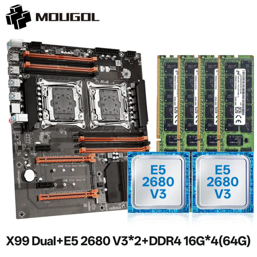 MOUGOL X99 Dual CPU Gaming Motherboard Kit with Xeon E5 2680 V3 & DDR4 64GB (4*16GB) RAM M.2 NVME PCIEx16 for Desktop Co — view 1