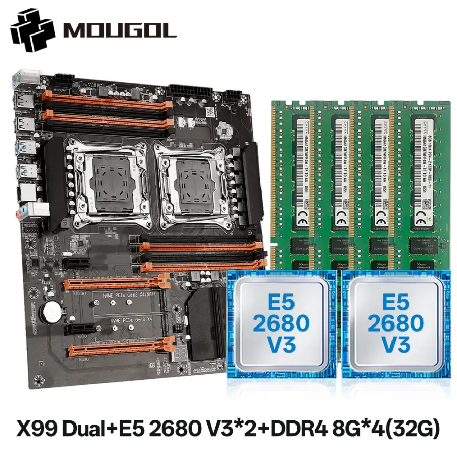 MOUGOL X99 Dual CPU Gaming Motherboard Kit with Xeon E5 2680 V3 & DDR4 8GBx4 RAM LGA 2011-3 M.2 NVME PCIEx16 for Desktop — view 1
