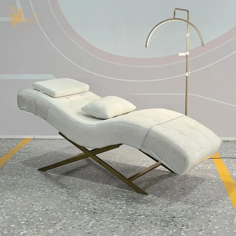 Ergonomic Curved Lash Bed Tufted Facial Chair Gold X-Frame Massage Table Esthetician Medical Spa Salon Furniture Equipme — view 1