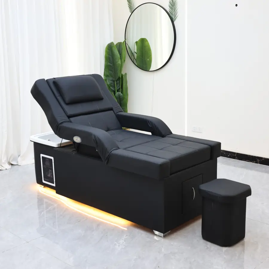 Modern black leather foot massage chair, salon 2-in-1 shampoo and foot bath station, electric foot massage chair with LED lights — image 3