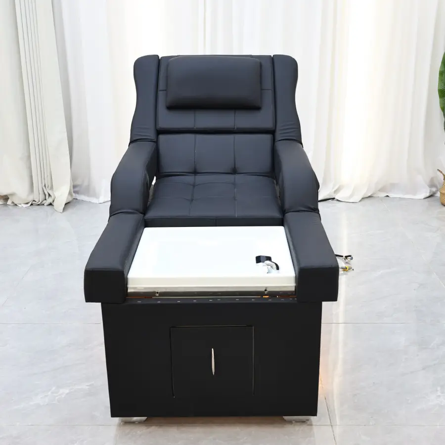 Modern black leather foot massage chair, salon 2-in-1 shampoo and foot bath station, electric foot massage chair with LED lights — image 4