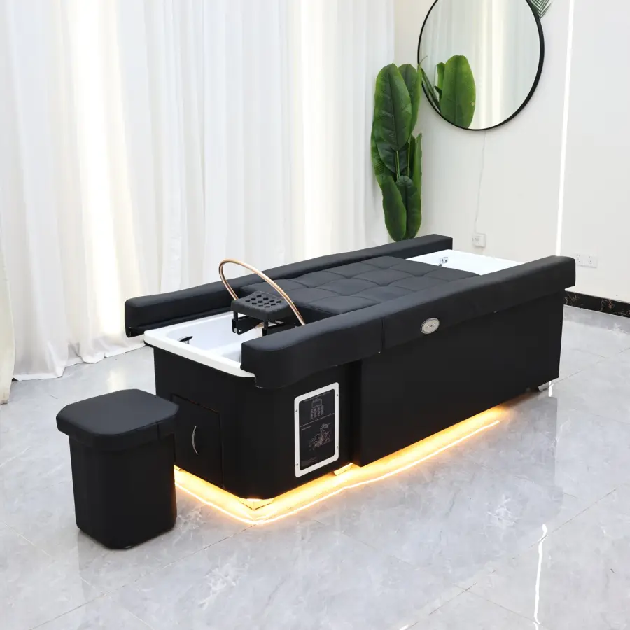 Modern black leather foot massage chair, salon 2-in-1 shampoo and foot bath station, electric foot massage chair with LED lights — image 5