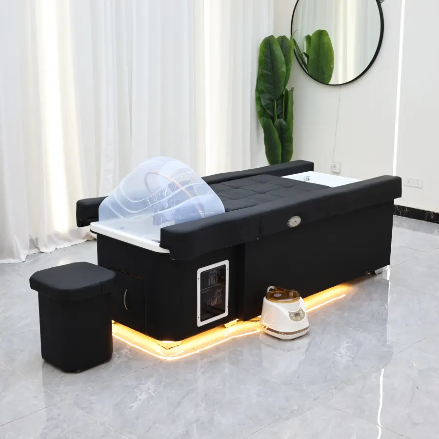 Modern black leather foot massage chair, salon 2-in-1 shampoo and foot bath station, electric foot massage chair with LED lights — image 8