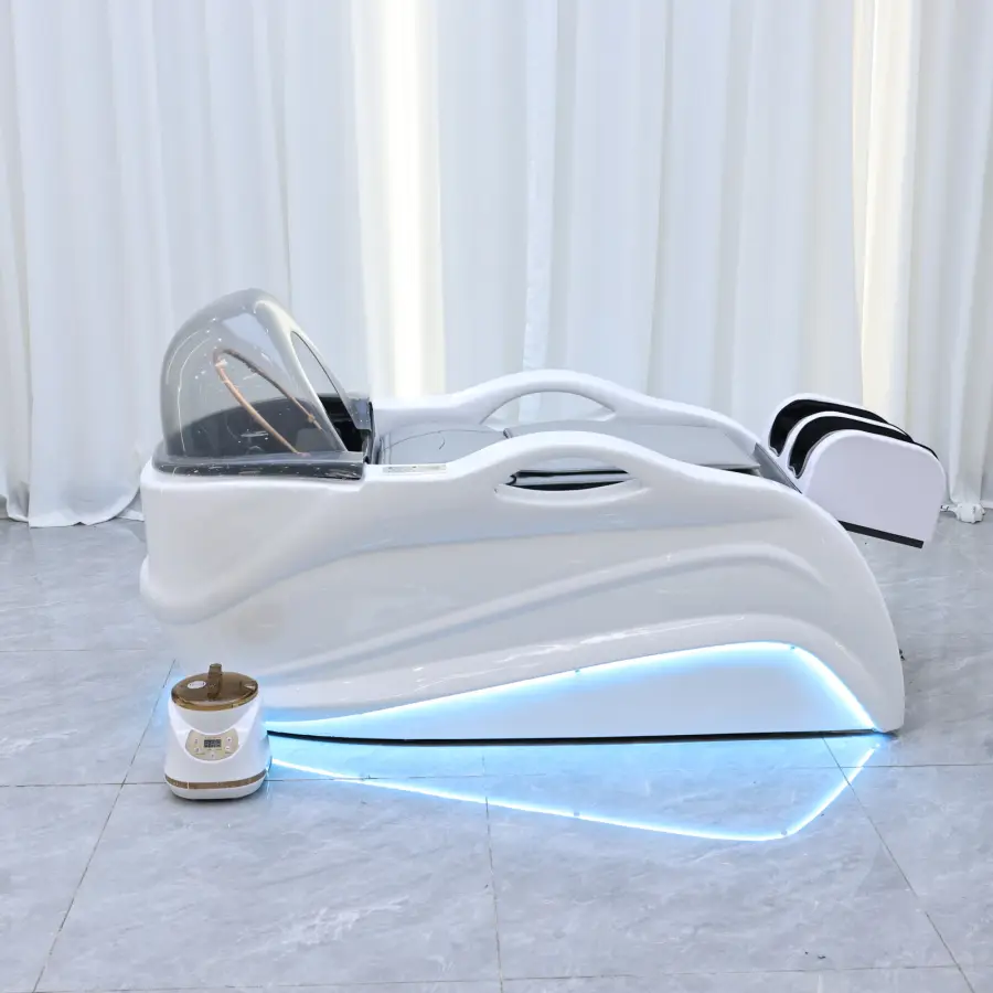 Hair salon specific shampoo with LED lights, luxurious head massage bed with foot and back massage functions, water circulation — image 3