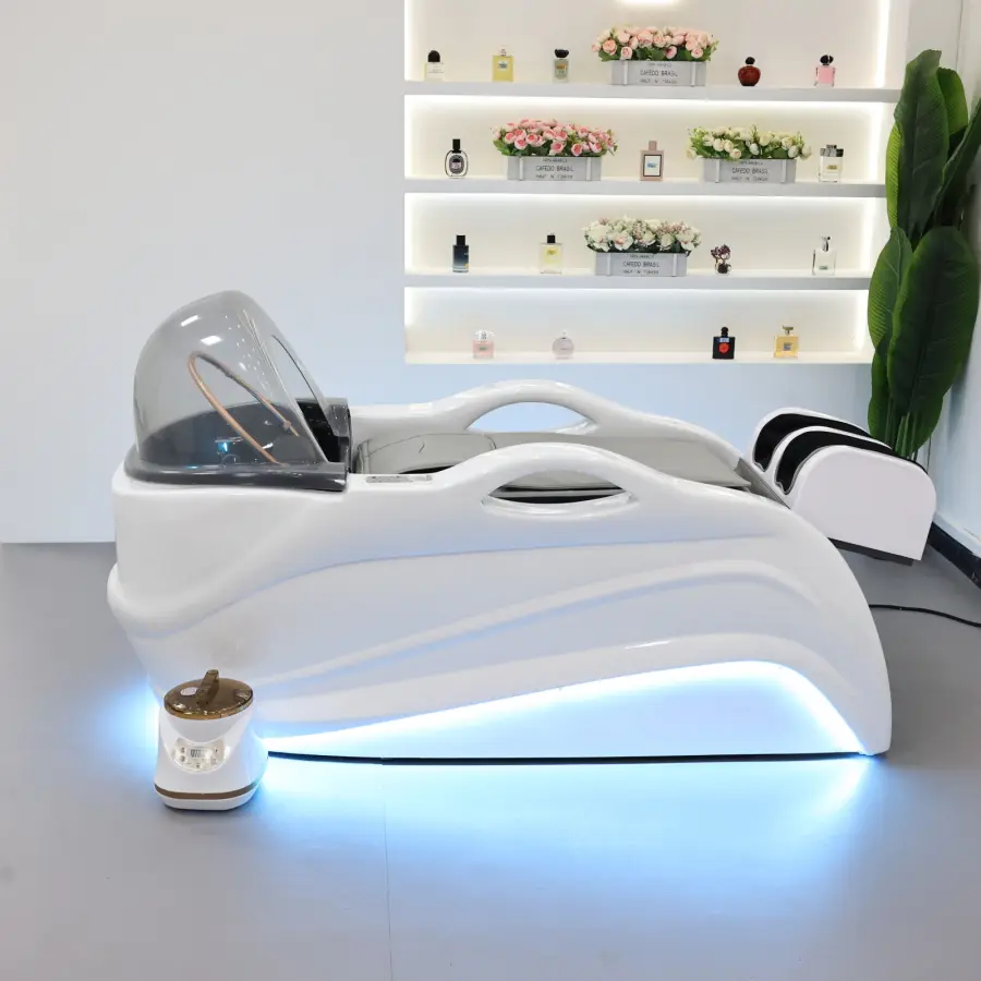 Hair salon specific shampoo with LED lights, luxurious head massage bed with foot and back massage functions, water circulation — image 4