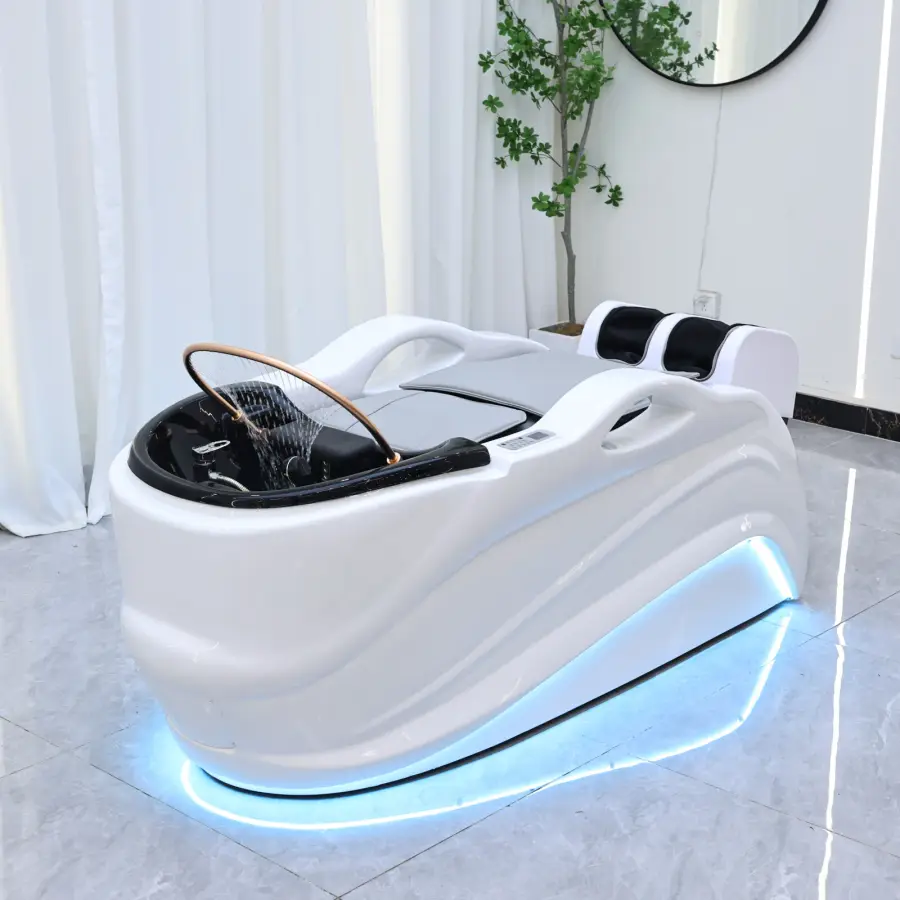 Hair salon specific shampoo with LED lights, luxurious head massage bed with foot and back massage functions, water circulation — image 5
