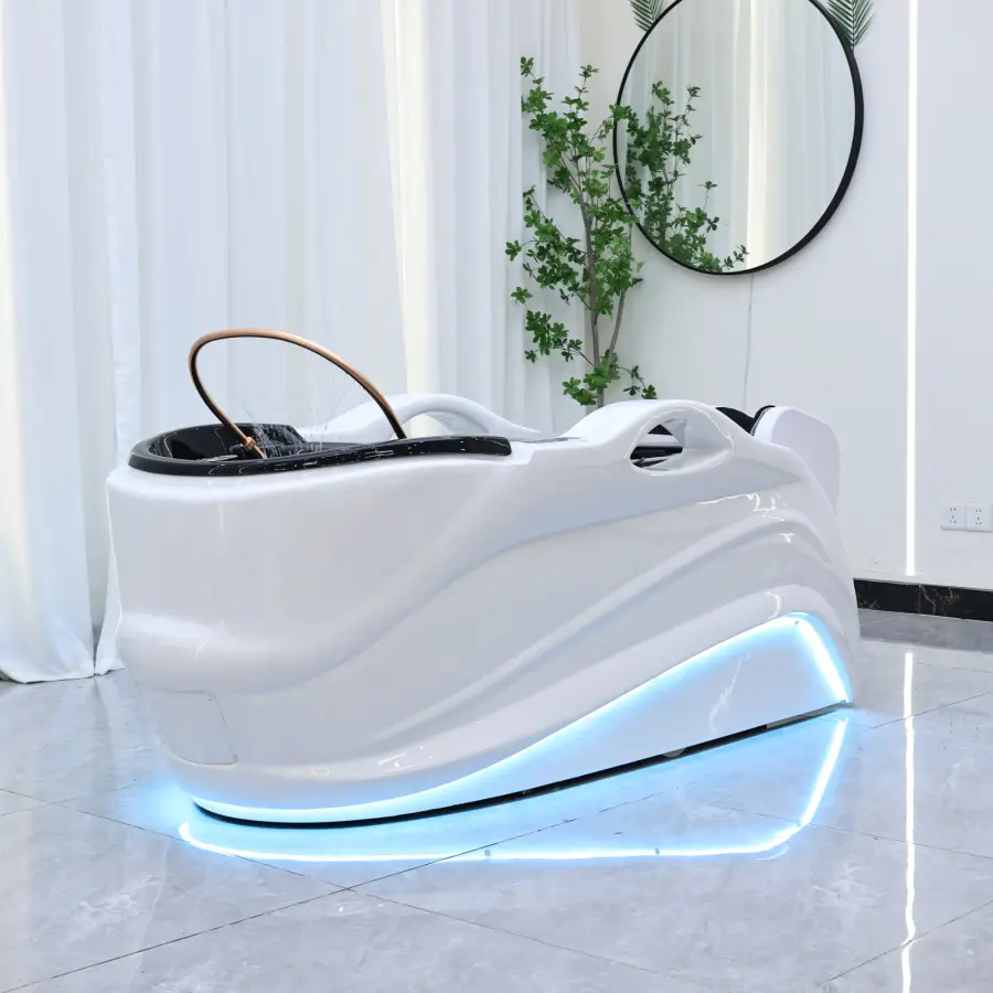 Hair salon specific shampoo with LED lights, luxurious head massage bed with foot and back massage functions, water circulation — image 6
