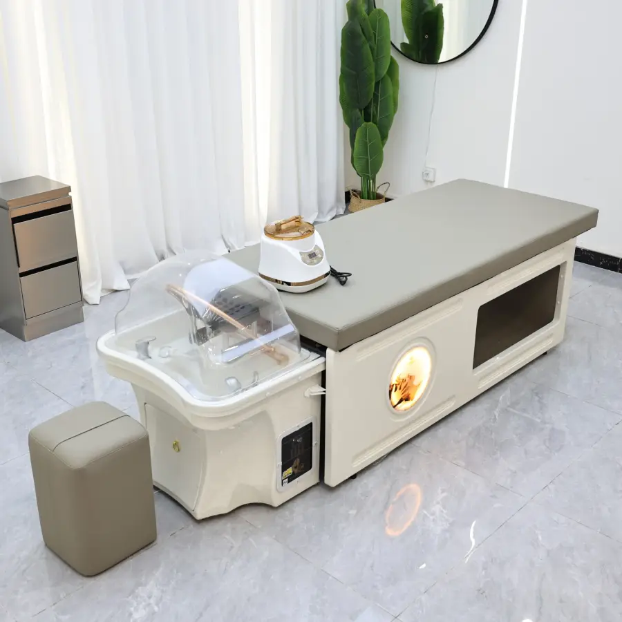 Modern high-end shampoo bed with storage space and footstool, ergonomic spa salon shampoo bed, equipped with a shampoo basin, — image 3