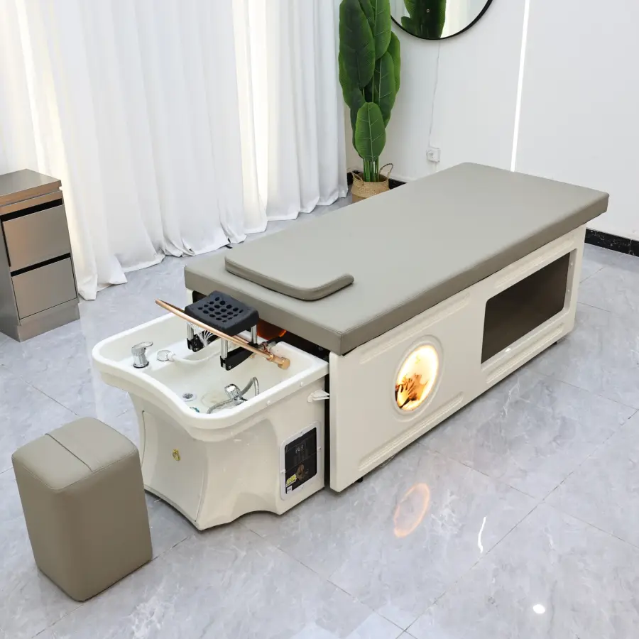 Modern high-end shampoo bed with storage space and footstool, ergonomic spa salon shampoo bed, equipped with a shampoo basin, — image 4